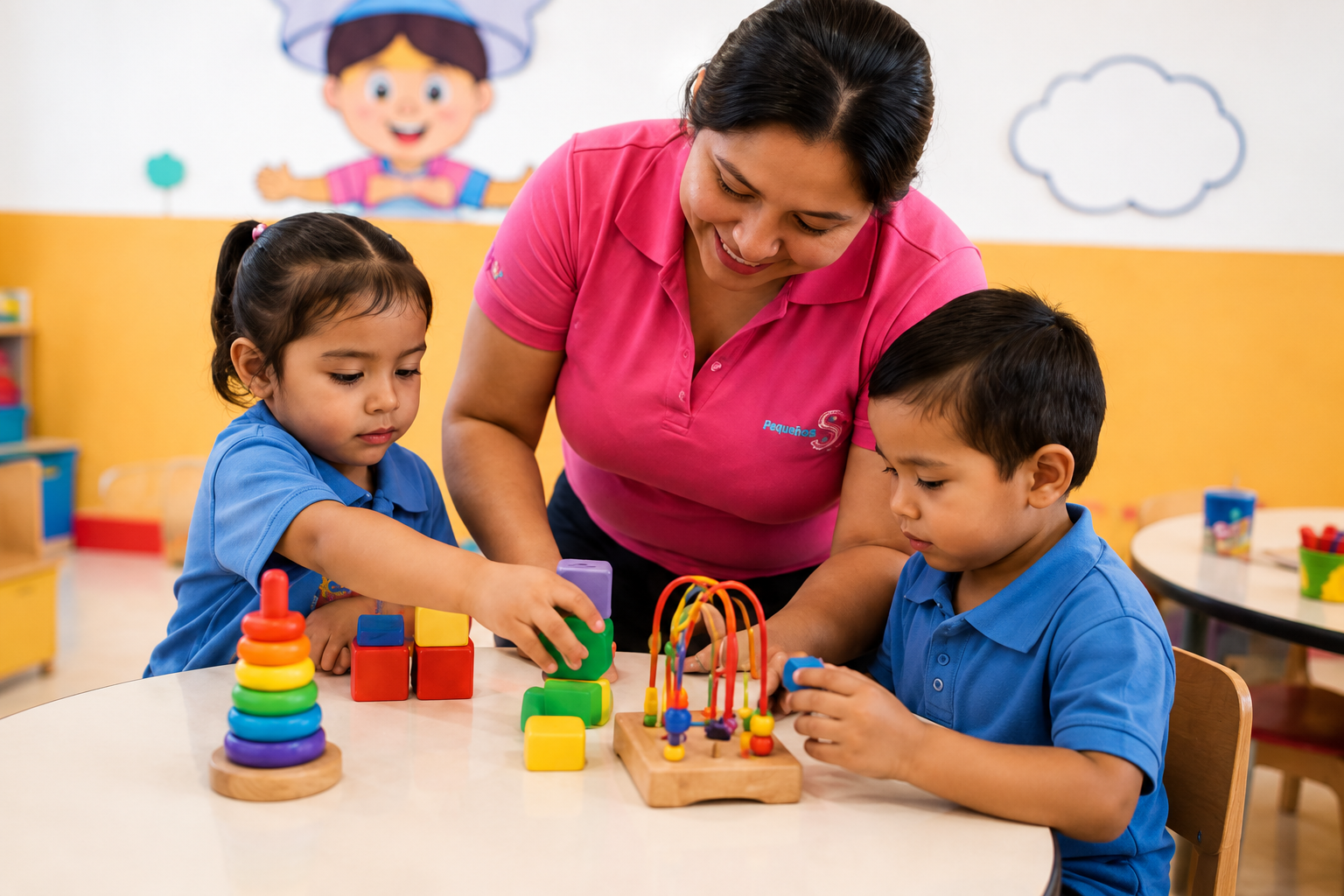 Niñera con uniforme jugando con niños en guardería